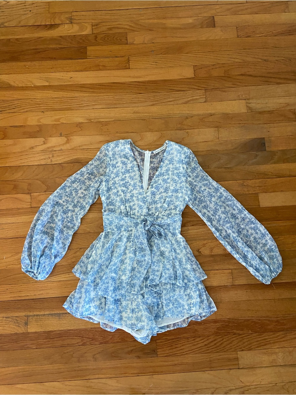 Light Blue Floral Tiered Long-Sleeve Dress